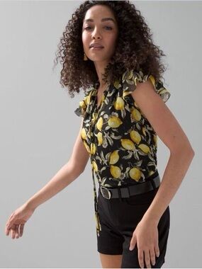 WHBM White House Black Market Black Mesh Ruffle Lemon Top Small